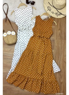 Đầm maxi hở lưng chấm bi thắt dây nơ