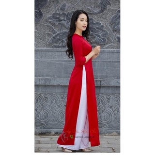 Bộ áo dài đỏ trơn lụa Tây thi