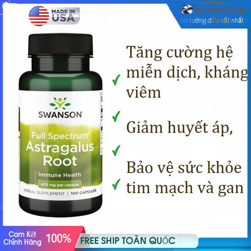 Thảo dược Hoàng Kỳ giảm huyết áp bảo vệ sức khỏe tim mạch gan & hệ miễn dịch Swanson Astragalus