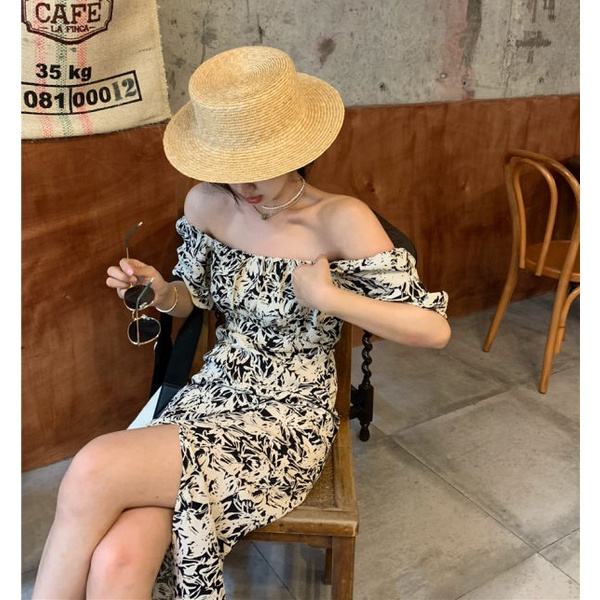 QKOOLE Đầm  ngắn tay kiểu hoa xẻ tà phong cách ulzzang thời trang Hàn Quốc gợi cảm dành cho nữ