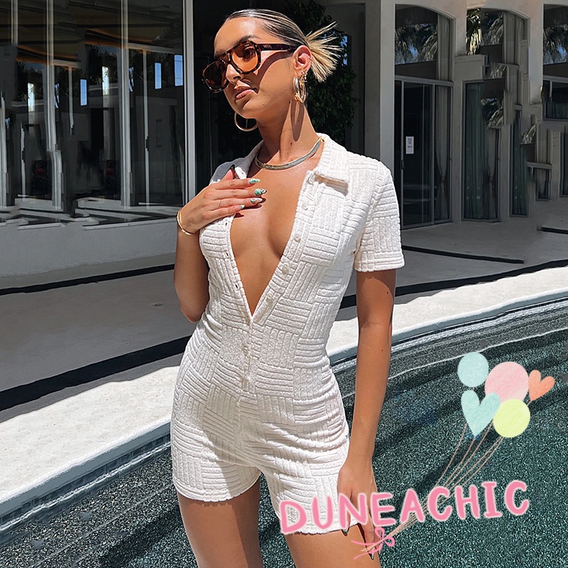 DUNEA Bộ Áo Liền Quần Cổ Polo Màu Trơn Phối Nút Xinh Xắn Cho Nữ