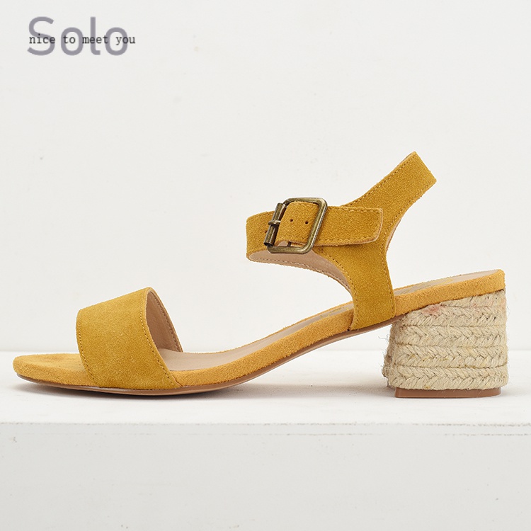 Thời Gian Cao Cấp Chính Hãng Thương Mại Nước Ngoài Chính Hãng Giày Sandal Hở Ngón Gót Vừa Dây Da Bò Màu Vàng Nhám Cỡ Lớn Cho Nữ