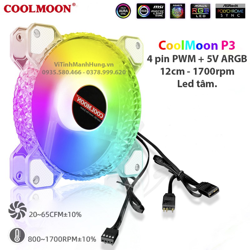 Quạt CoolMoon P3, 4 pin PWM + 5V ARGB, 12cm, 1700rpm, Led thumbnail