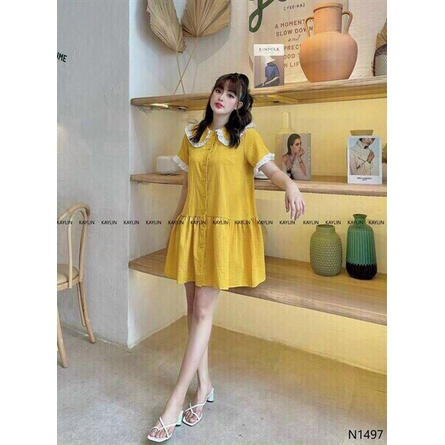 [ Miễn phí ship 2022 ] Đầm vàng babydoll tay búp , đầm bánh bèo nút cổ bèo phối ren dáng xòe tiểu thư xinh xắn