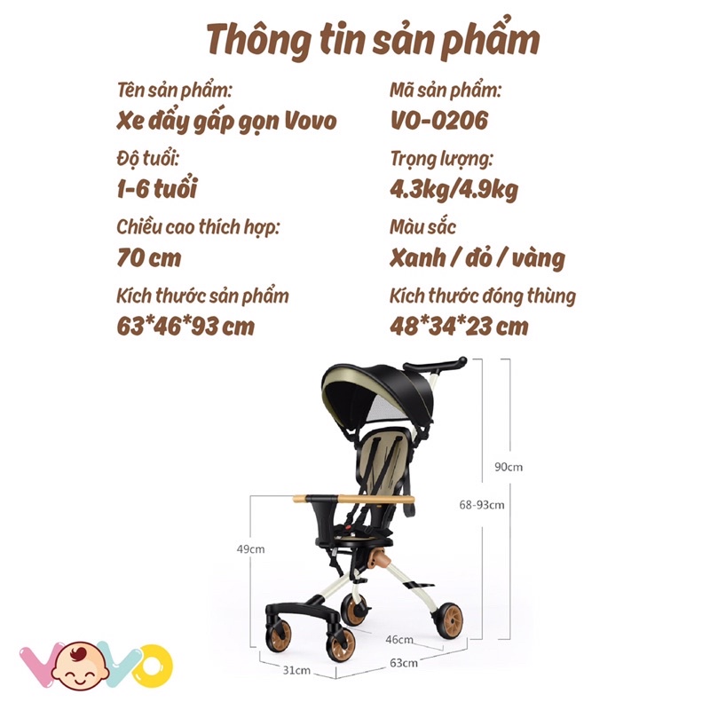 Xe đẩy đảo chiều gấp gọn Vovo có mái ( xe đẩy du lịch Vovo )
