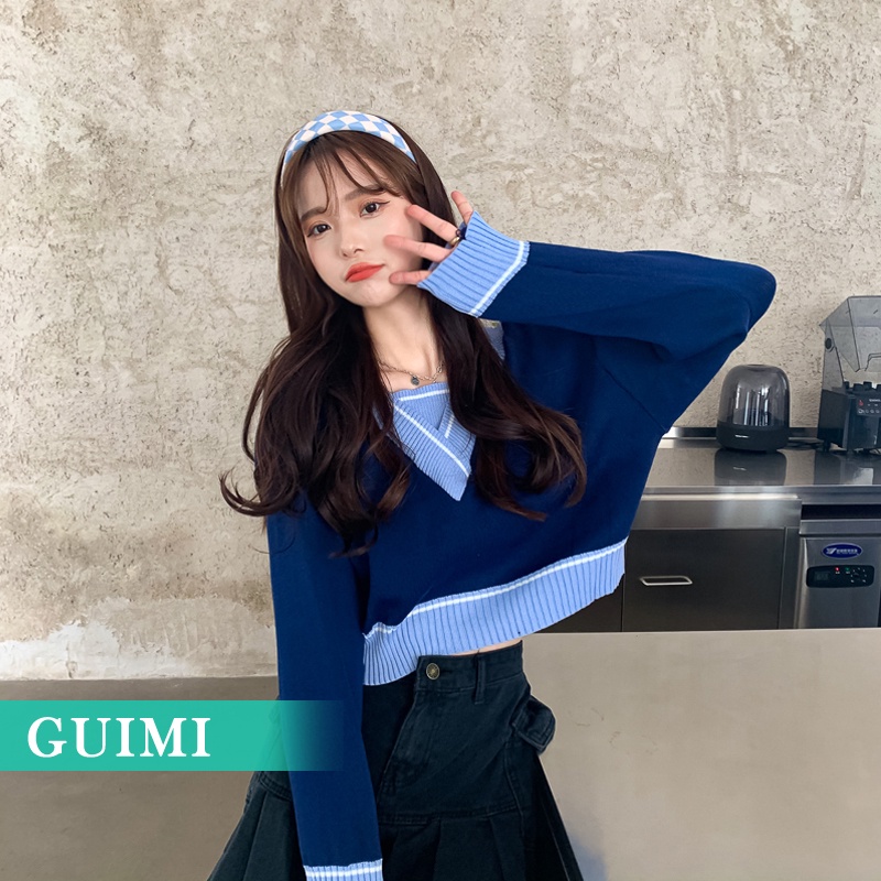 Áo sweater dáng ngắn màu sắc tương phản thời trang phong cách retro cho nữ