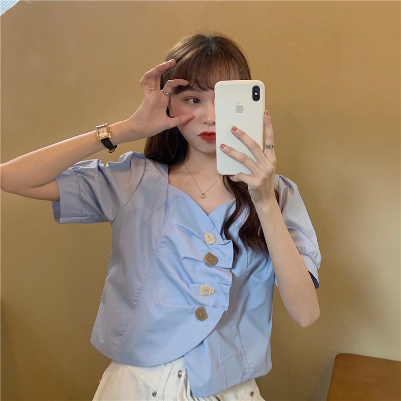 Áo Sơ Mi Nữ Cổ Chữ V Tay Phồng Ngắn Dáng Rộng Phong Cách Hàn Quốc