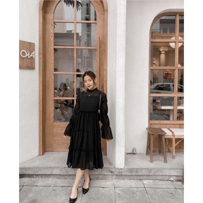 ĐẦM MIDI ĐEN TAY BO CHUN (TH)