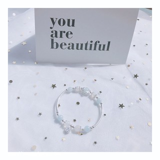[Đá tự nhiên] Vòng Phong Thủy đá Mặt Trăng kết hợp đá Aquamarine mix charm bạc 925. Hợp mệnh Kim - Thủy