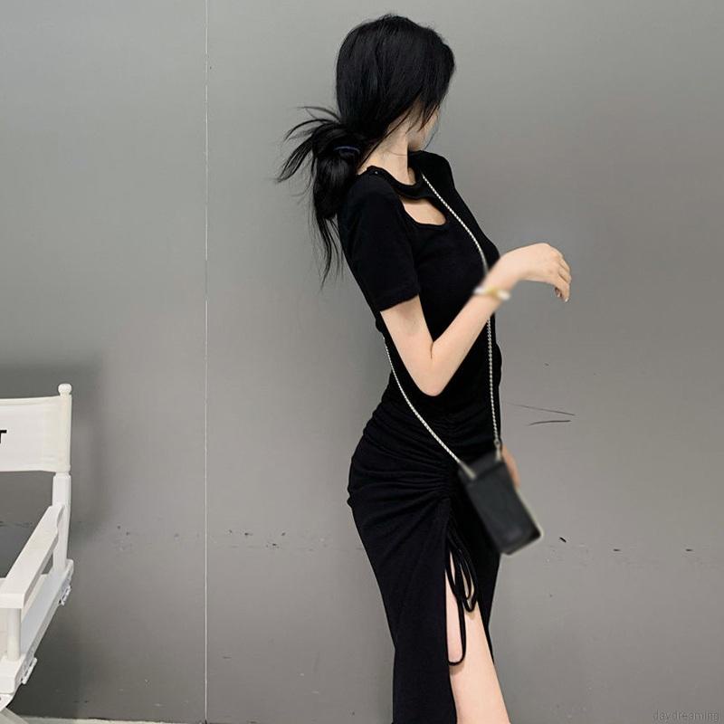 Đầm Nữ Dáng Ôm Xẻ Tà Phối Dây Rút Nhấn Eo Kiểu Pháp Thanh Lịch