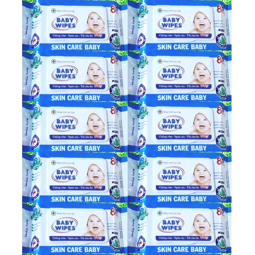 Combo 10 gói Khăn ướt BABY WIPES Xanh 80gr, Vải mềm mịn, Không Mùi, Hàng chuẩn, Giá Gốc