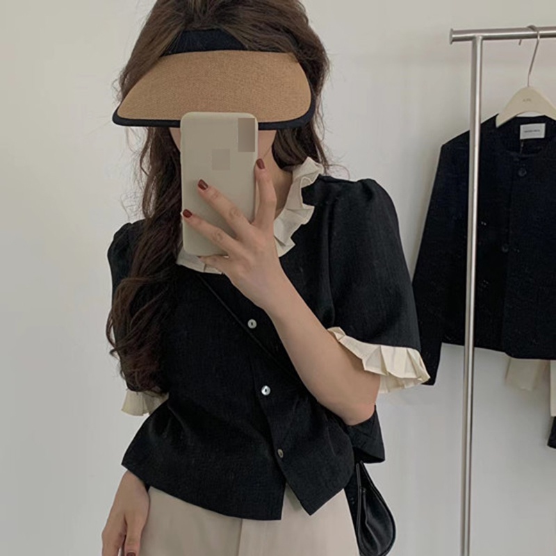 IELGY    Áo Sơ Mi Tay Ngắn Màu Xanh Dương Phong Cách Hàn Quốc Cho Nữ