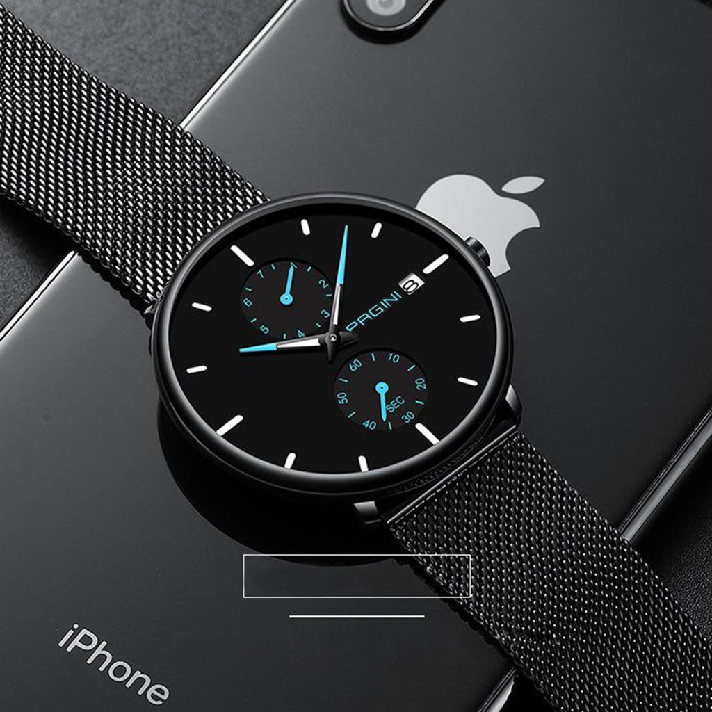 ( Tặng Kèm Kính Mắt Nam)  Đồng Hồ Nam PAGINI PA9966 Dây Titanium Thời Trang Cao Cấp Kim Dạ Quang Có Lịch Ngày Chống Nước