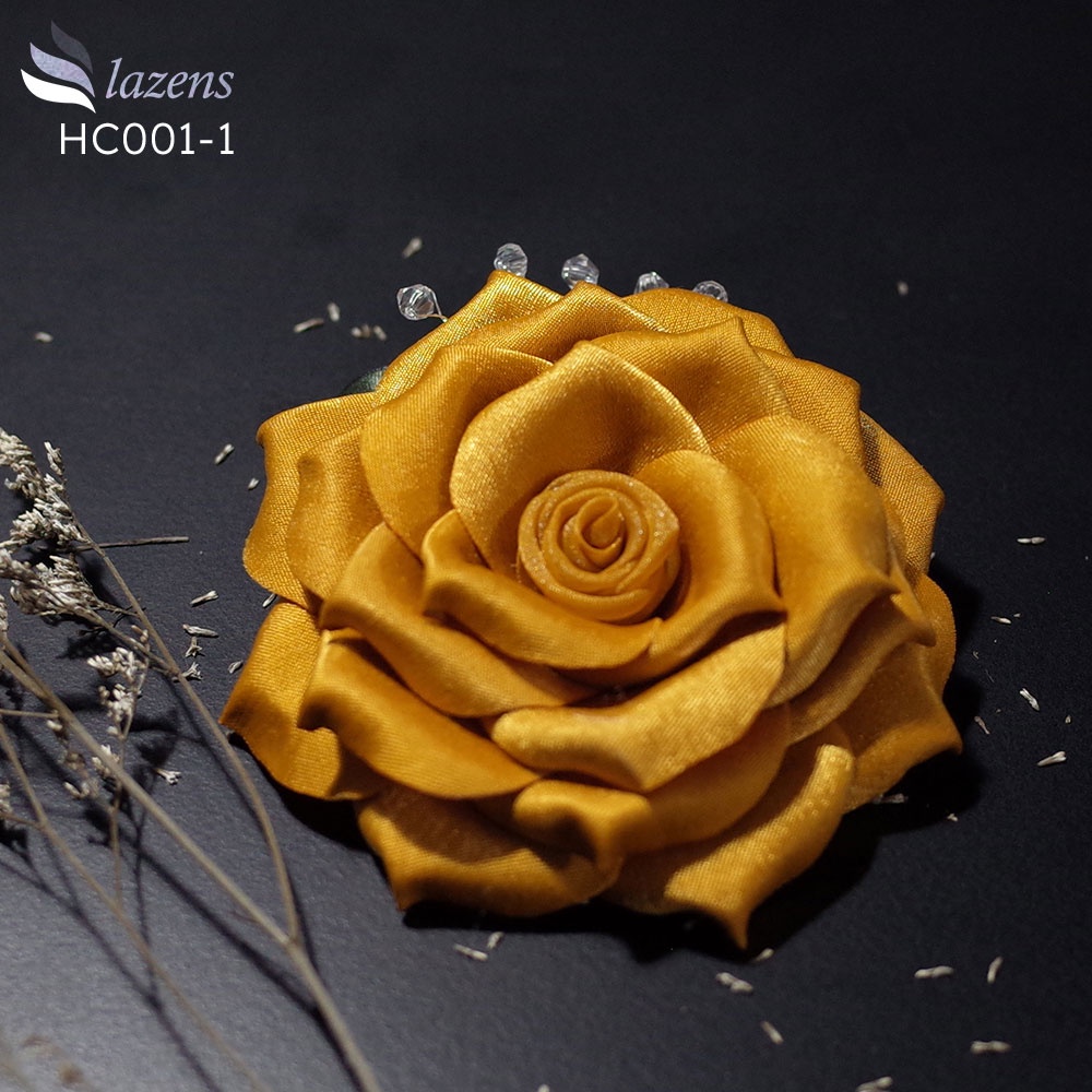 Hoa cài áo handmade LAZENS bông hồng vàng lá xanh đính đá HC001