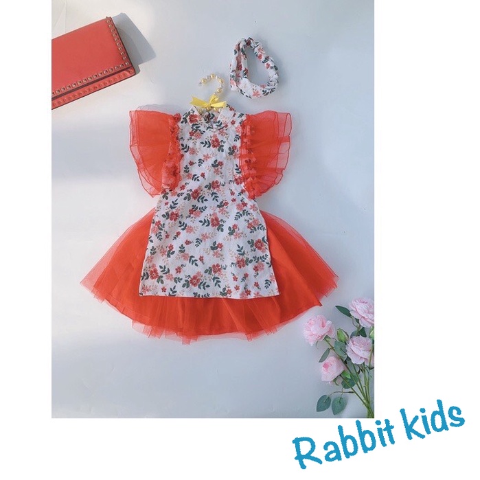 Áo Dài Cách Tân Thiết Kế Cao Cấp Cho Bé Gái FREESHIPTẶNG TURBAN-Rabbit Kids-Đầm Tết Trẻ Em Hoạ Tiết Hoa Lá Chân Váy Đỏ
