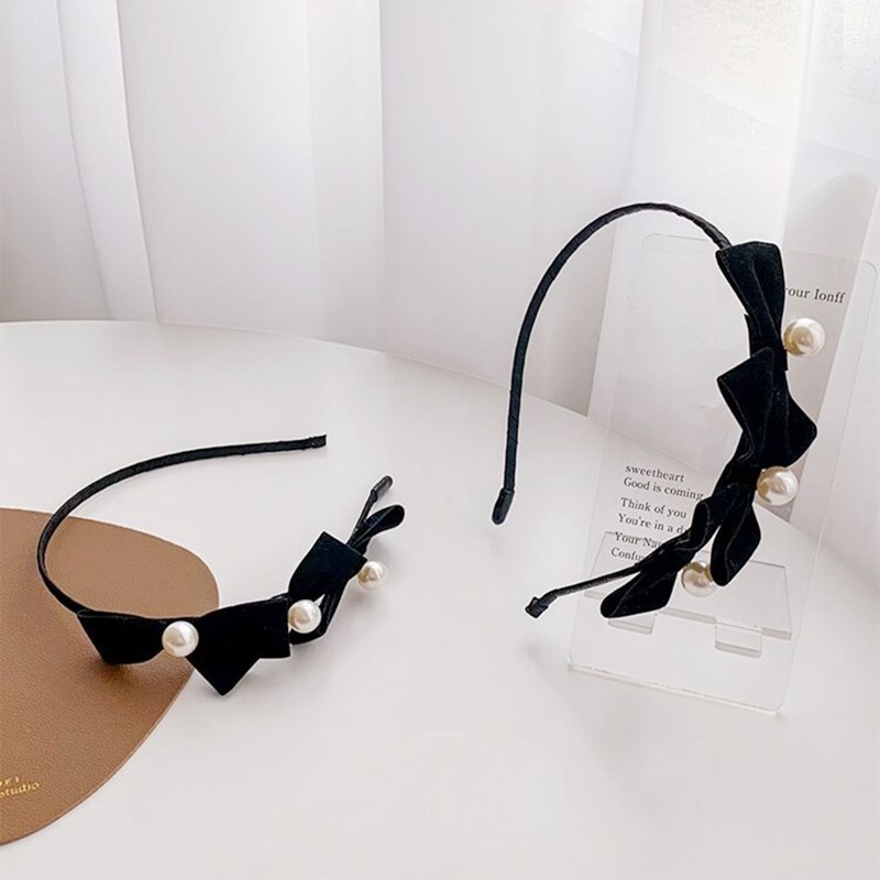 Băng Đô Mỏng Đính Ngọc Trai Màu Đen Đa Năng Phong Cách Hàn Quốc