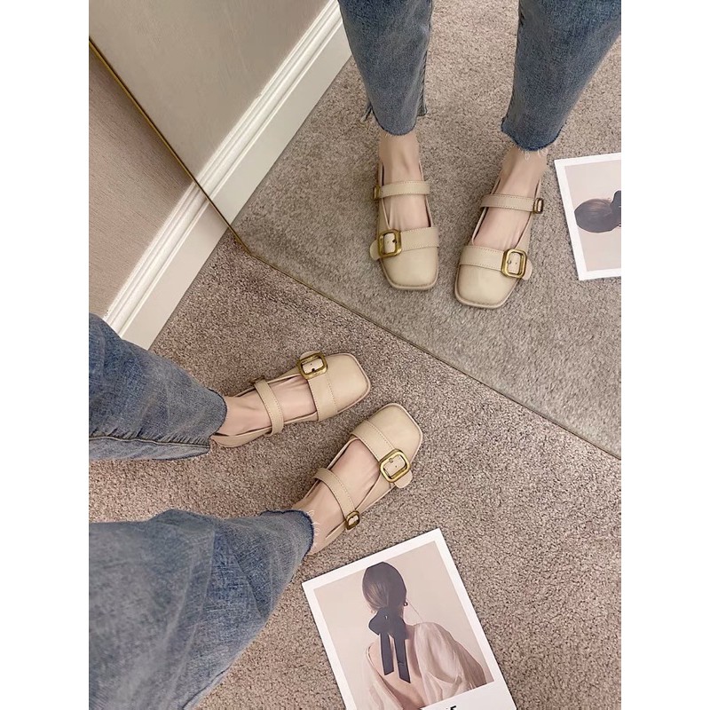 Giày búp bê nữ mũi vuông khuy đồng đế bệt có quai ngang