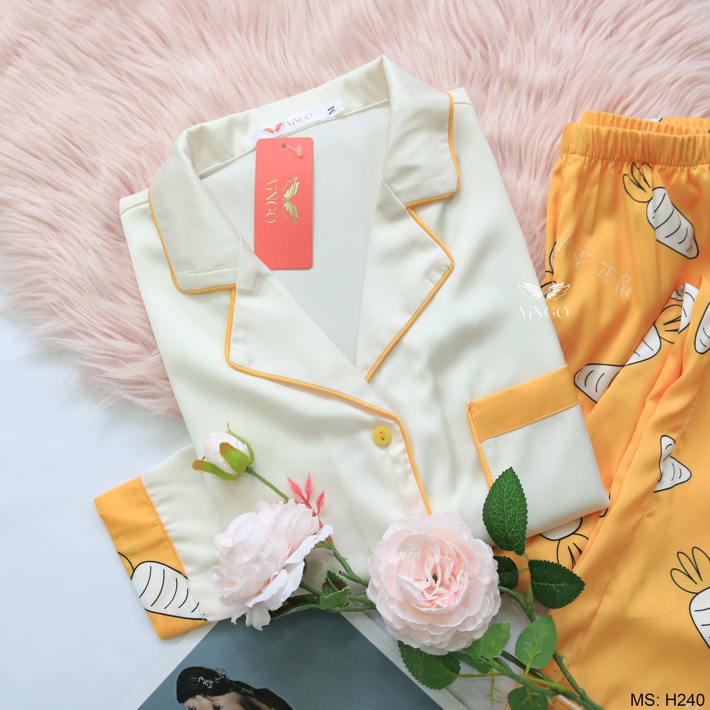 VINGO Đồ Bộ Mặc Nhà Nữ Tay Dài Quần Dài Lụa Pháp Kiểu Pijama Cao Cấp Áo Trắng Quần Vàng H240 VNGO