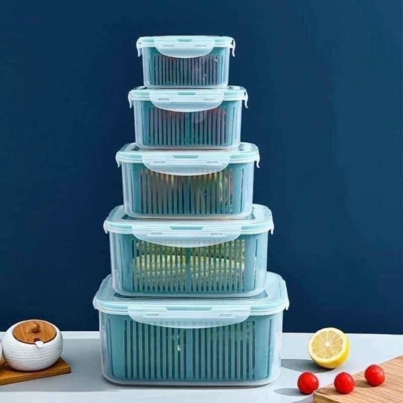 Set 5 Chậu Kèm Rổ Có Nắp Đựng Đồ Tủ Lạnh-Hộp Nhựa Bảo Quản Thực Phẩm - Tiệm Gia Đình