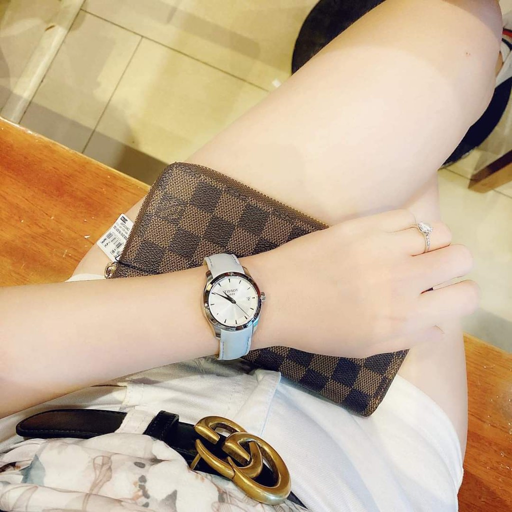 Đồng hồ Nữ chính hãng Tissot 1853 Couturier T035.210.16.031.02 Size 32,Mặt trắng,Lịch ngày-Máy Pin Quartz-Dây da xanh