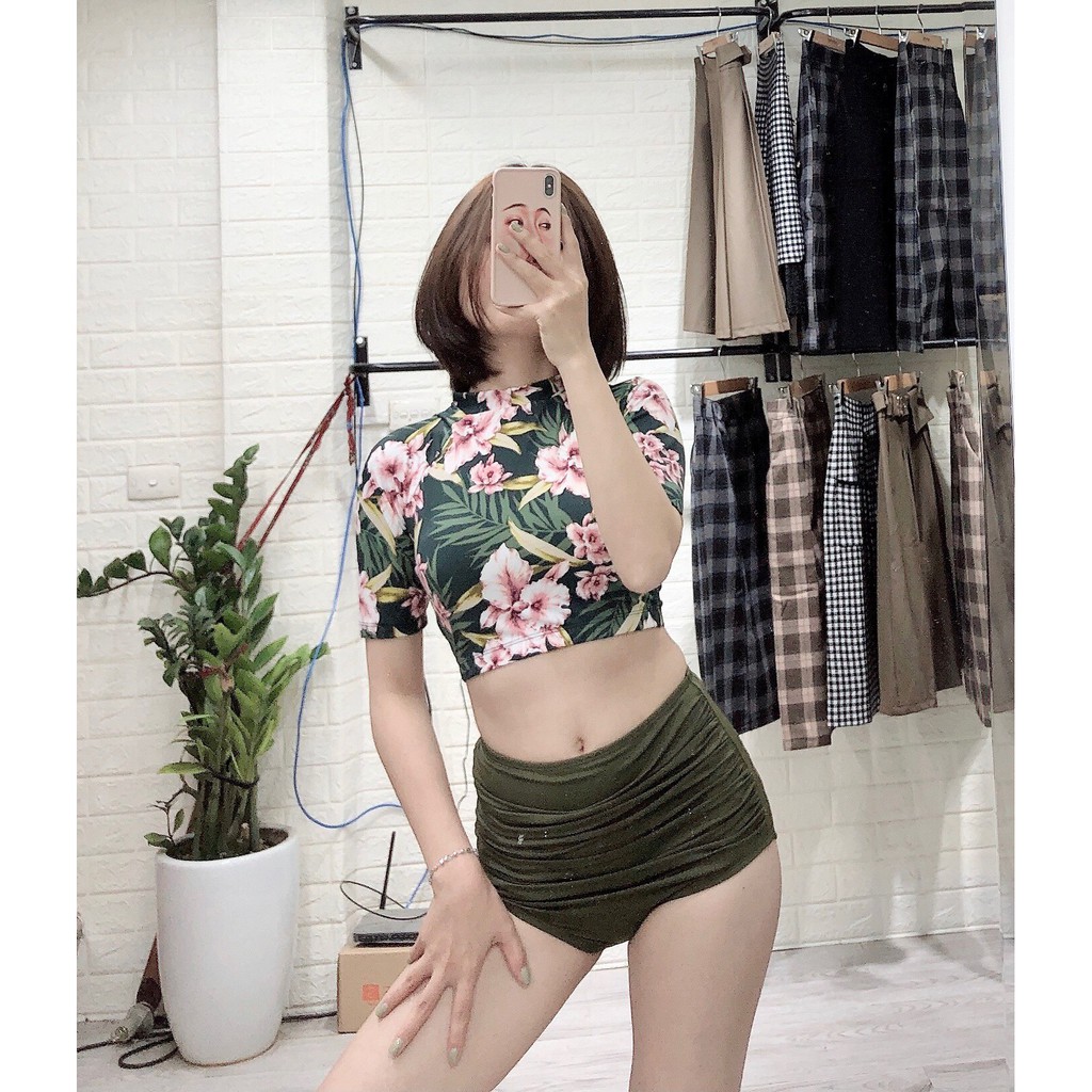 Bikini 2 mảnh lỡ tay hoa lá quần dúm rêu mặc đi biển đi bơi đẹp