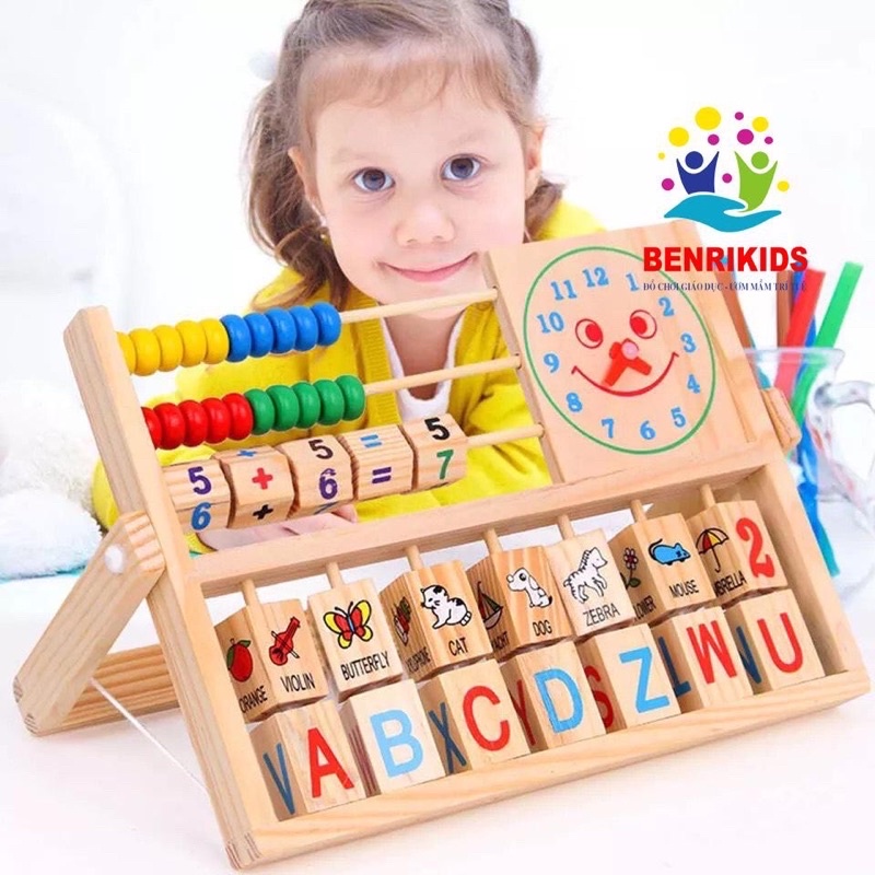 Đồ chơi gỗ bàn tính đa năng giúp bé học tiếng anh, làm toán, xem đồng hồ, phát triển trí tuệ cho bé