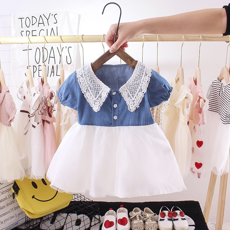 Đầm ngắn tay vải denim phối lưới thời trang xinh xắn dành cho bé gái 1-3 tuổi