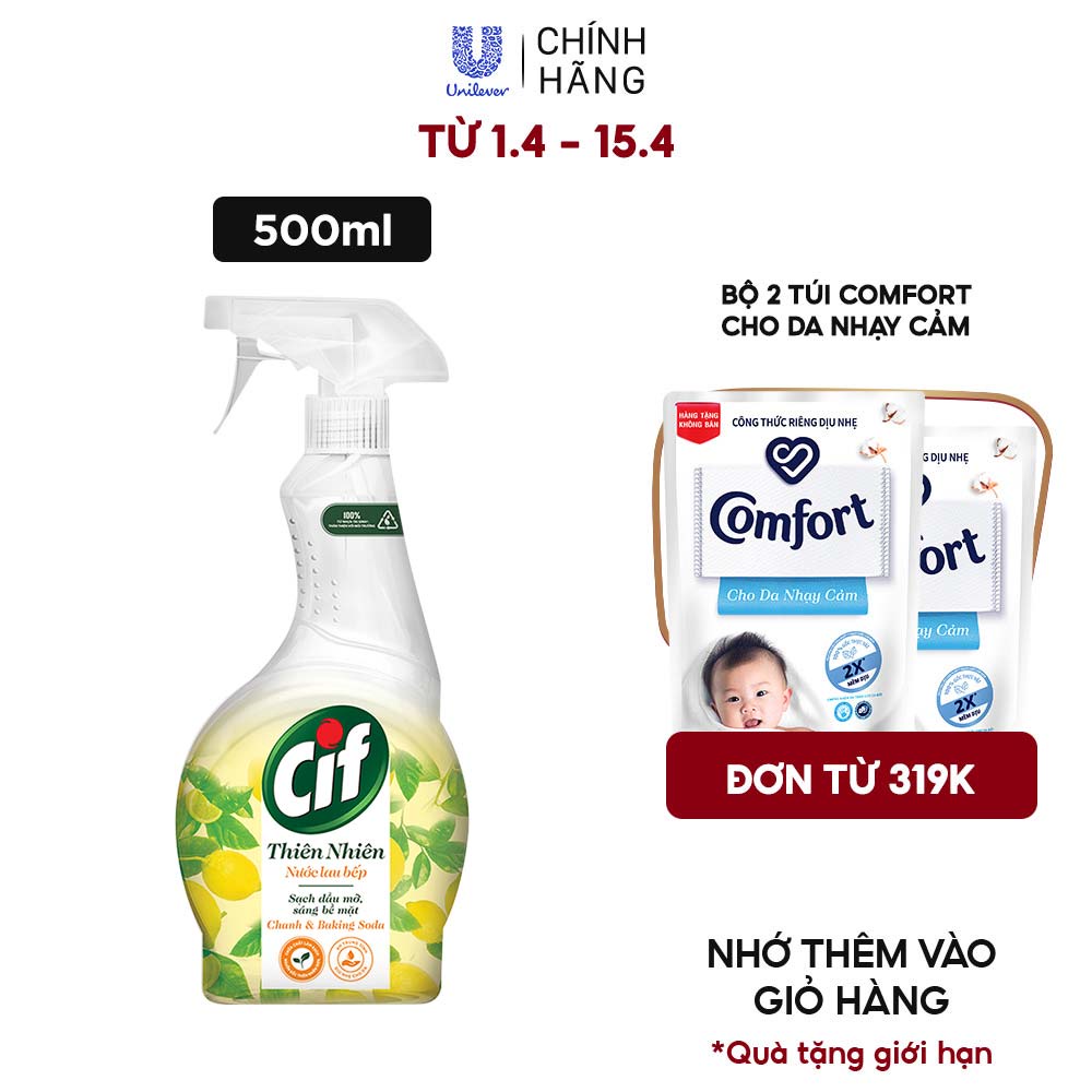 Nước Lau Bếp Cif Thiên Nhiên 500ML Chanh &amp; Baking Soda Sạch Dầu Mỡ An Toàn