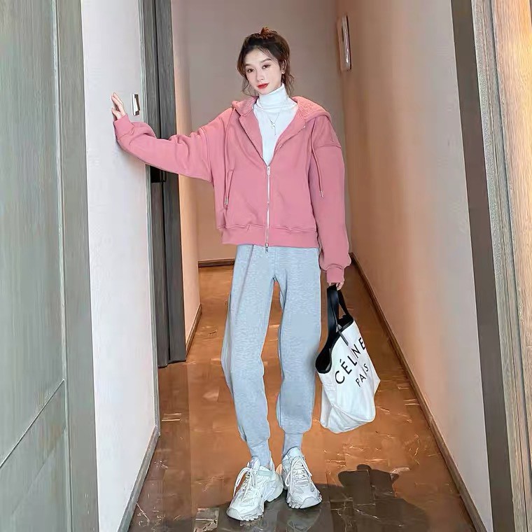 Sét bộ nỉ khoá mũ hồng cực cool, Chất nỉ tàu loại 1 đanh đẹp, lót lông nhẹ, Combo áo - quần dáng thụng
