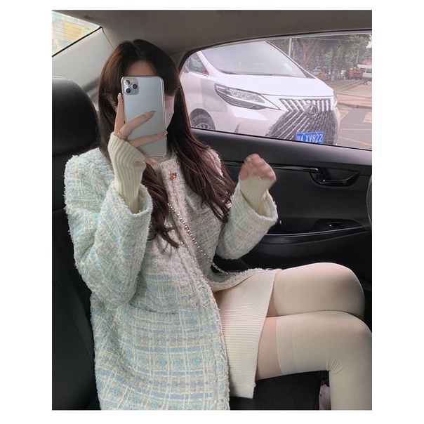 Áo Khoác Dạ Tweed Dáng Dài Xanh Ngọc Cúc Vàng