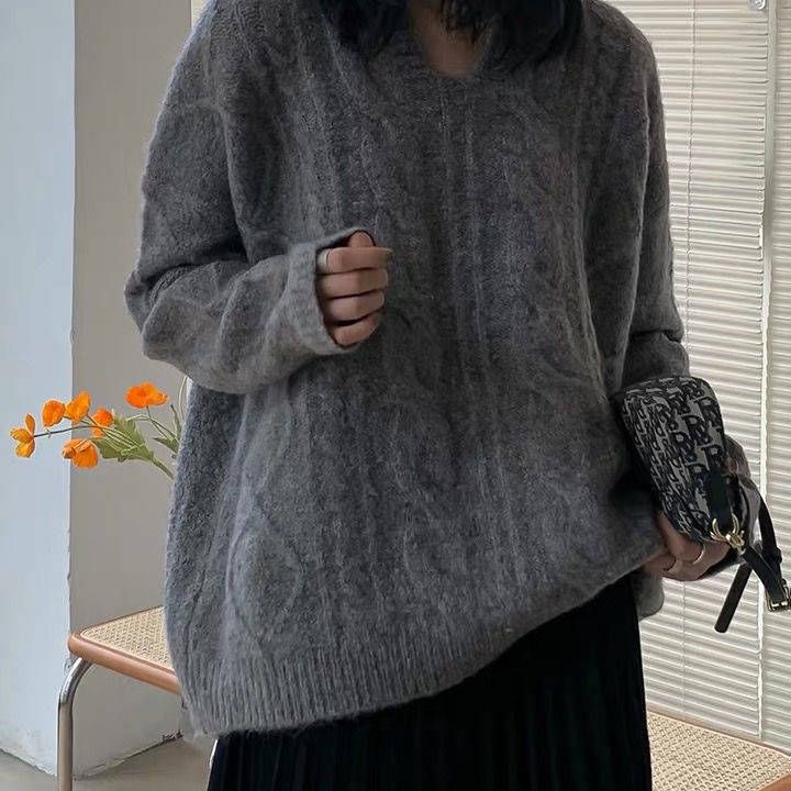 Áo len cổ chữ Y màu xanh nâu ghi hồng dáng rộng thời trang phong cách retro phom unisex nam nữ dài tay basic