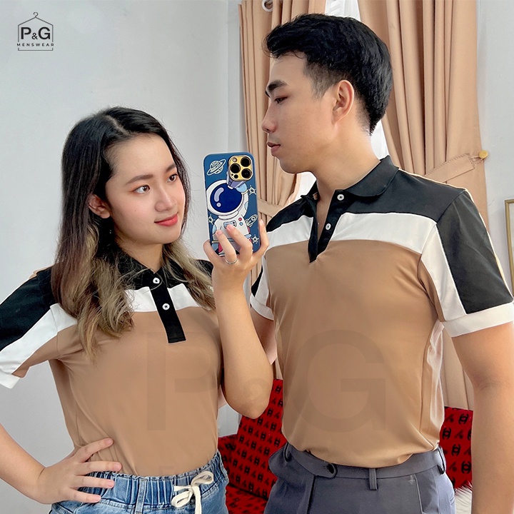 Áo Thun Polo nam nữ cặp đôi Premium, tay ngắn, cổ trụ - màu nâu, ráp phối vai đen