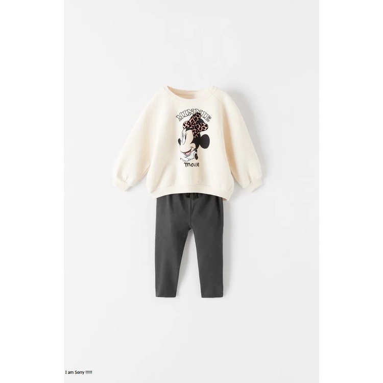 Sét bộ bé gái thu đông Zara, Bộ áo mickey trắng dài tay kèm quần đen cho bé chất cotton 4 chiều size 1y-5y