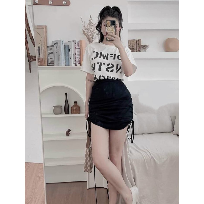 Set Bộ Áo Phông In Chữ Và Chân Váy Ôm Rút Dây Hai Bên Thời Trang Nữ Rose Fashion