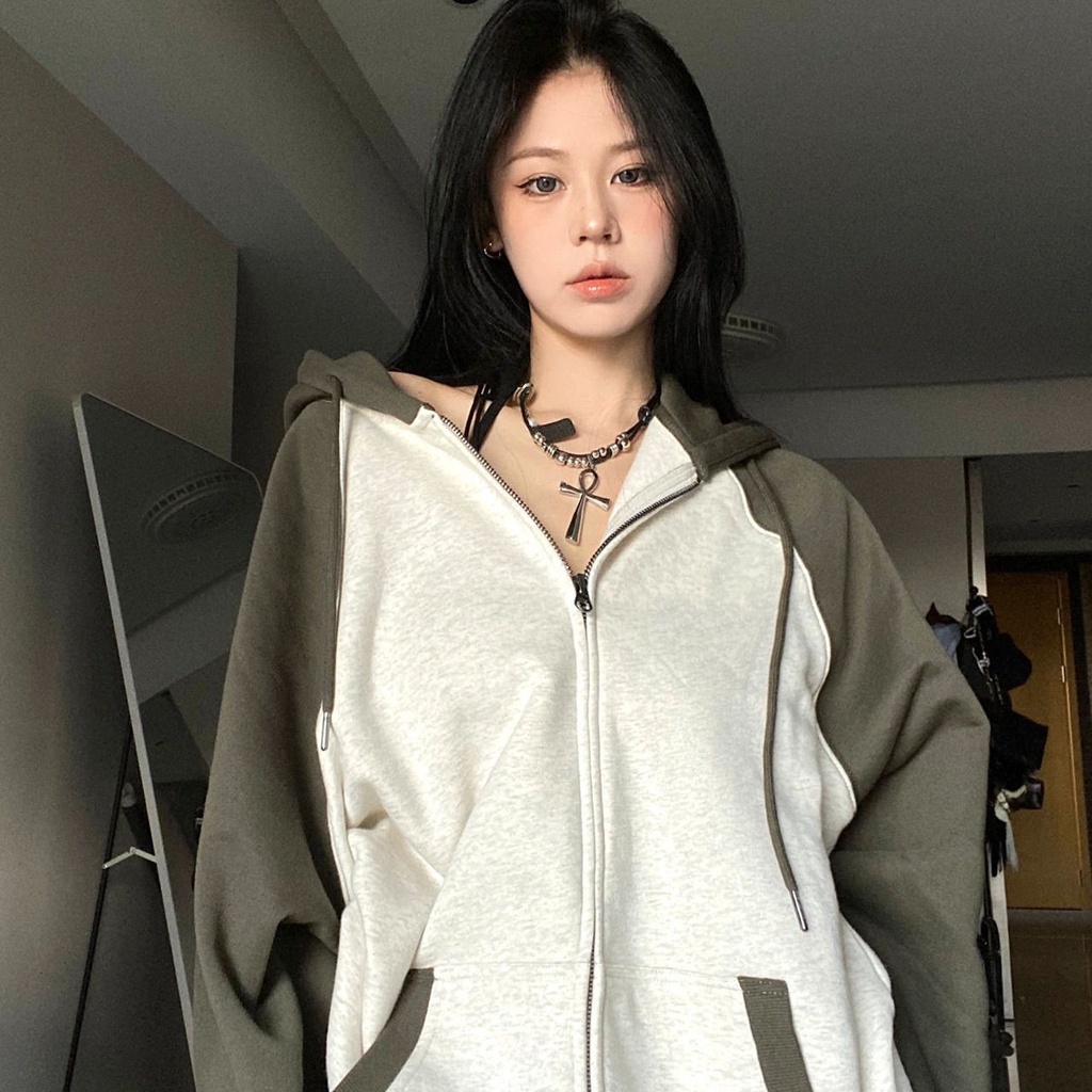 Áo Khoác Hoodie Mỏng Phối Khóa Kéo Phong Cách retro Mỹ Cho Nữ