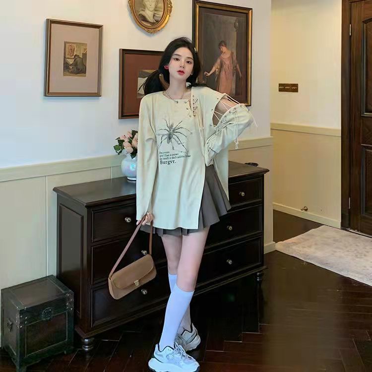 Niche American sexy off-shoulder loose Spider printed split T-shirt female hot girls lazy fashion all-match ins top cMvC