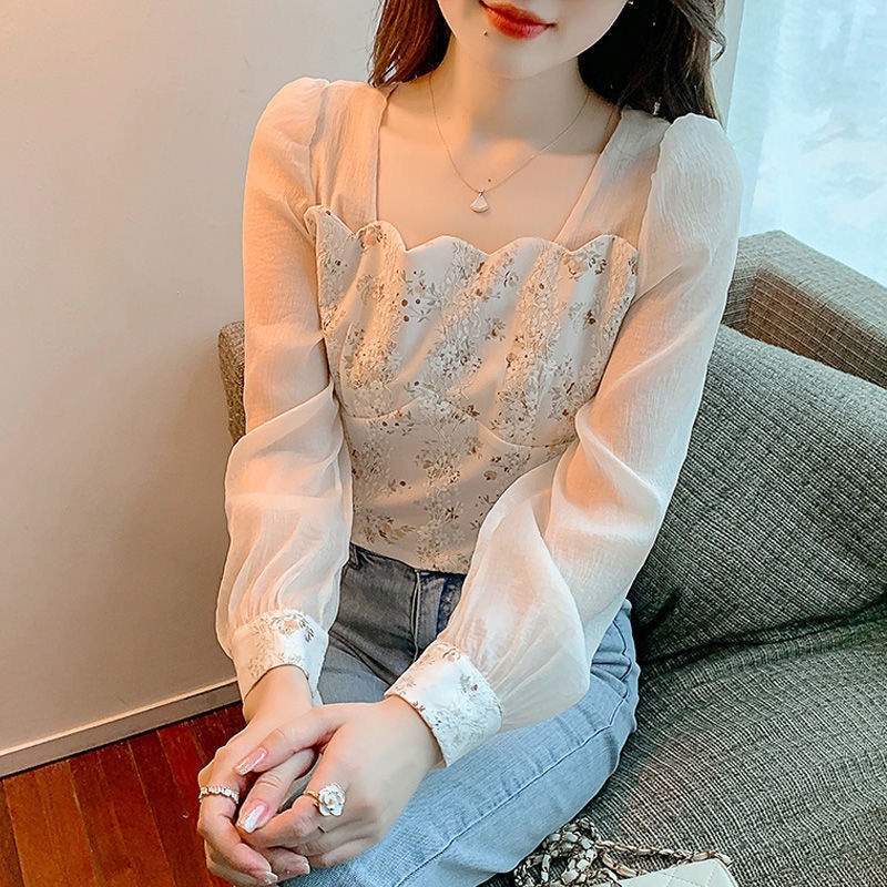 Áo Sơ Mi Chiffon Cổ Vuông Phối Ren Hoa Thời Trang Mùa Xuân 2022 Mới Cho Nữ