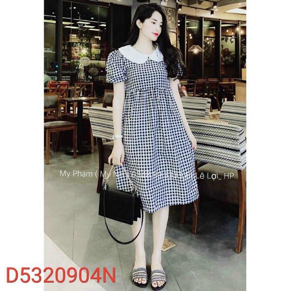 Đầm kate baby sọc caro cổ bẻ ngắn tay