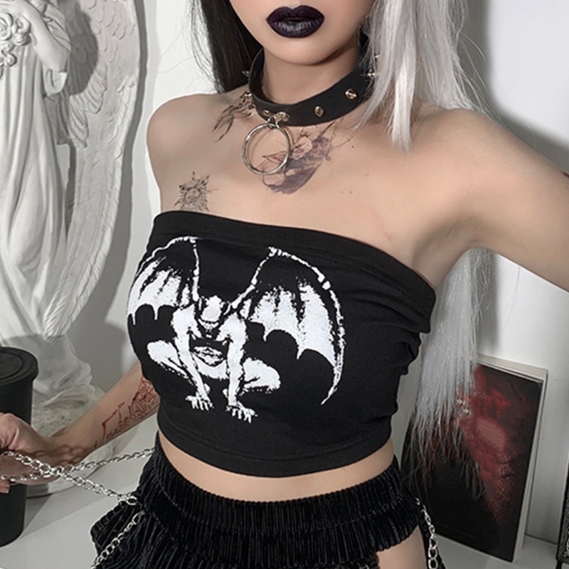 Áo Ống Croptop Mỏng Cúp Ngực In Họa Tiết Quỷ Phong Cách Gothic Punk Gợi Cảm Cho Nữ