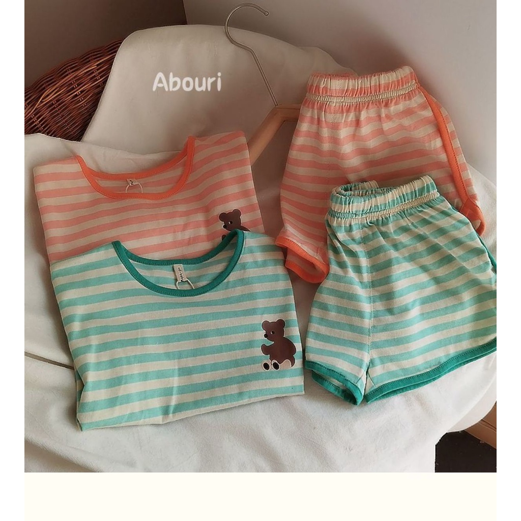 Set Áo Thun Ngắn Tay Kẻ Sọc + Quần Short Thời Trang Mùa Hè Phong Cách Hàn Quốc Cho Bé
