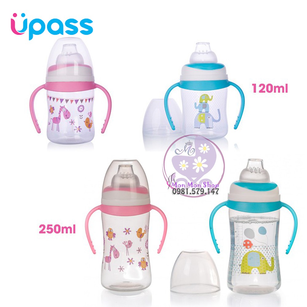 [Tặng cọ] Bình uống nước Upass đầu hút mềm có 2 tay cầm 125ml / 250ml made in Thailand