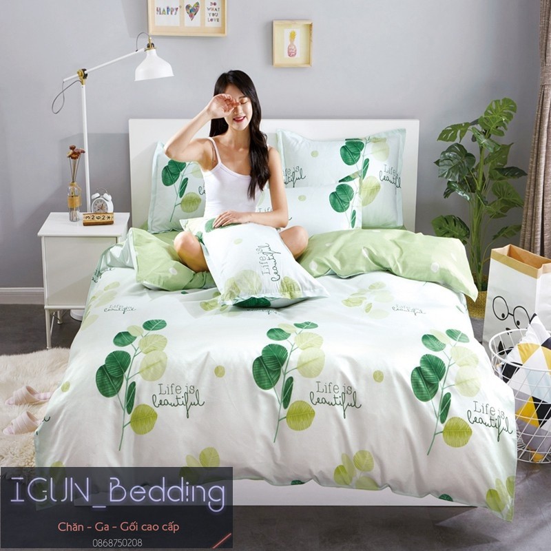 set CÔ GÁI MẦM XANH bộ Chăn Ga Gối 4 món Poly cotton HÀN QUỐC 100%