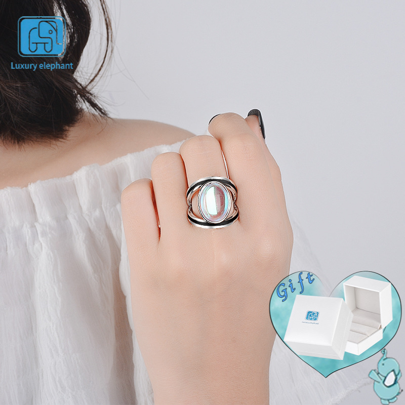 Luxury elephant Women Ring Inlaid With Colorful Moonstones Thai Silver Retro Epoxy Geometry Simplicity 925 Silver Rings for Jewelry Collection Accessories Friend Family Gift Anniversary Birthday