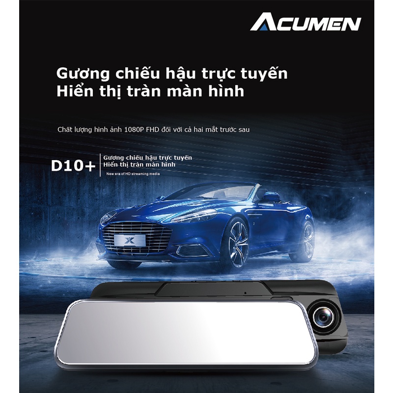 Camera hành trình xe ô tô Acumen D10+ Full HD 1080p ,dây camera sau dài 15m, Cam hành trình gương tặng Thẻ Nhớ 32GB