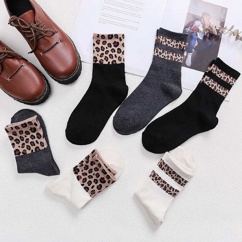 Two Bar Stitching Leopard Pattern Crew Socks Women Best Short Tube Socks Cotton Casual Thermal Crazy Personalised Socks Fashion