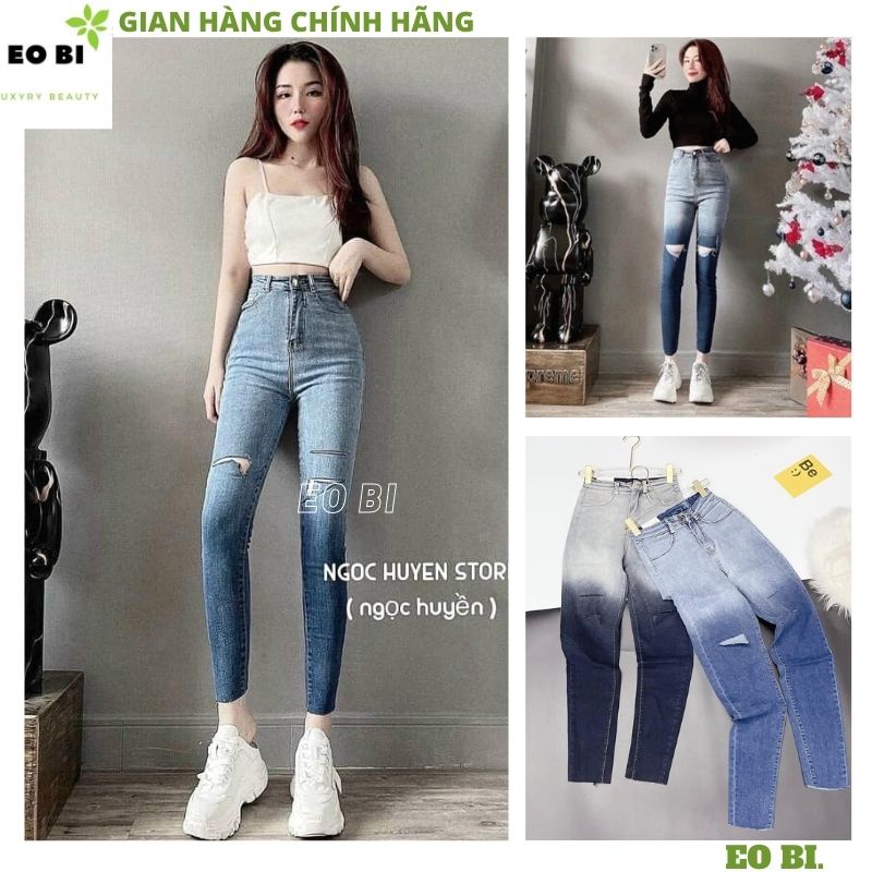Quần jeans bò nữ loang mầu rách gối kiểu dáng hàn quốc ống bó ôm sát tôn dáng chân dài cạp cao -EOBI