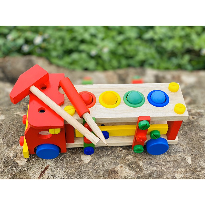 Xe lắp ráp ốc vít kèm đập bóng - Đồ chơi gỗ cho bé