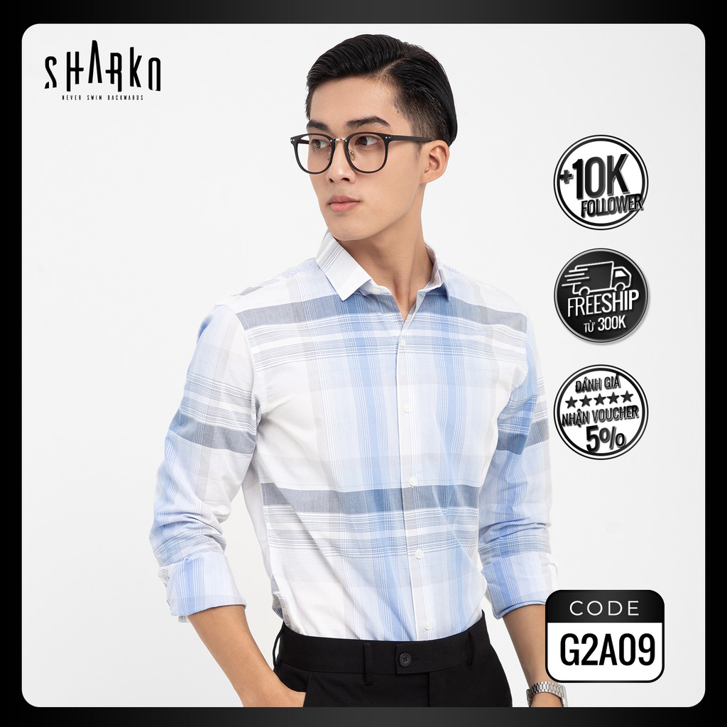 Áo sơ mi nam caro SHARKO - trắng xanh, tay dài, vải Cotton bền màu, không nhăn, thấm hút tốt, form REGULAR FIT - G2A09