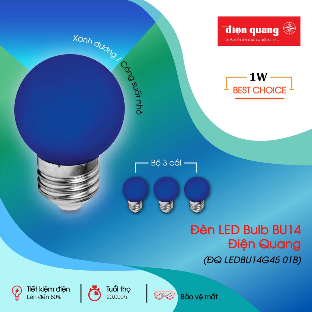 Combo 3 Đèn LED bulb Điện Quang ĐQ LEDBU14G45 01B (1W xanh dương)