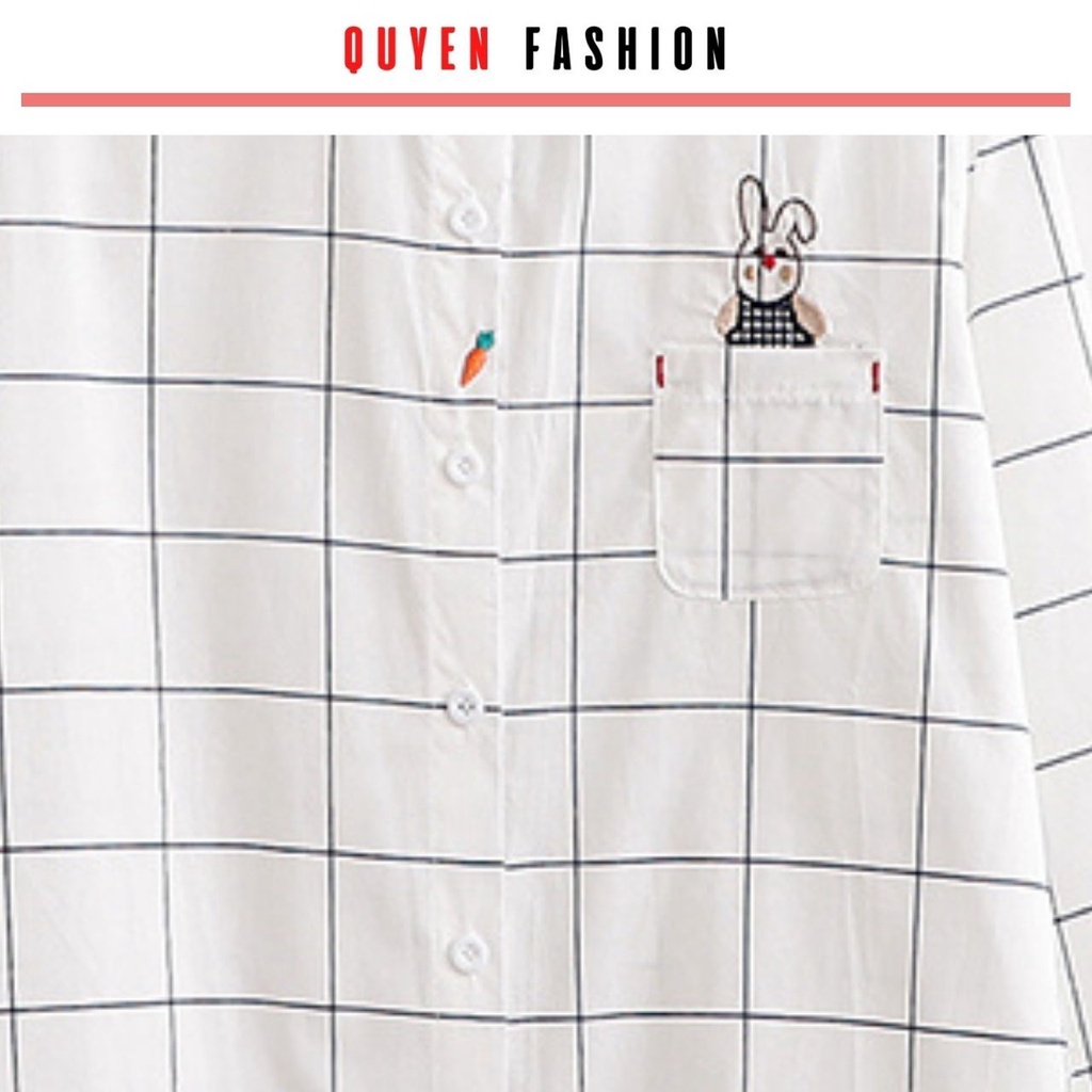 Áo sơ mi thêu hình Thỏ và cà rốt Quyên Fashion AA559 công sở basic màu trắng, kẻ